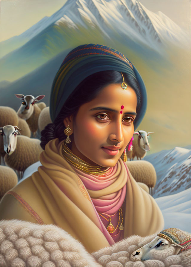 Illustration of woman in Indian attire with bindi against mountain backdrop with sheep