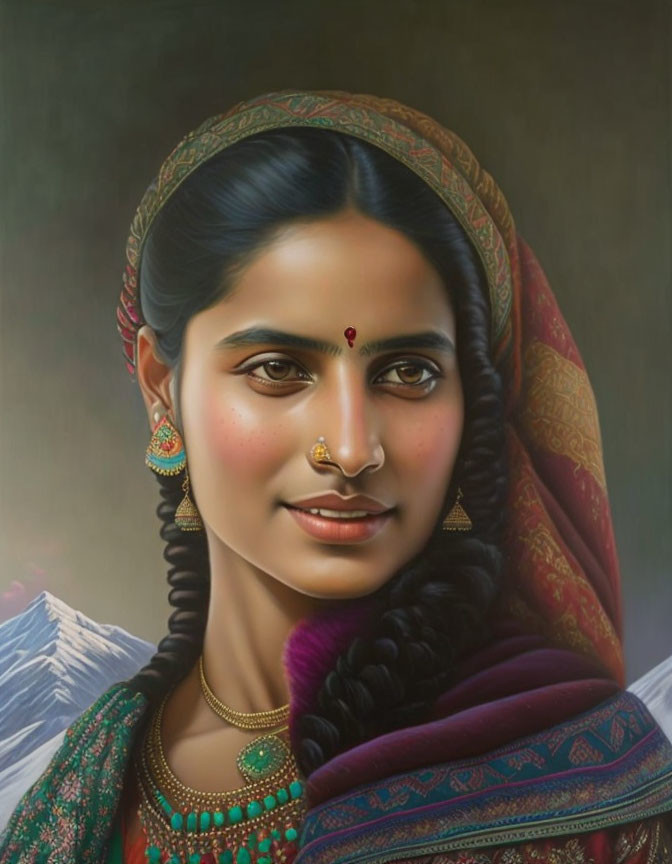 Traditional Indian Attire Portrait with Red Bindi and Nose Ring