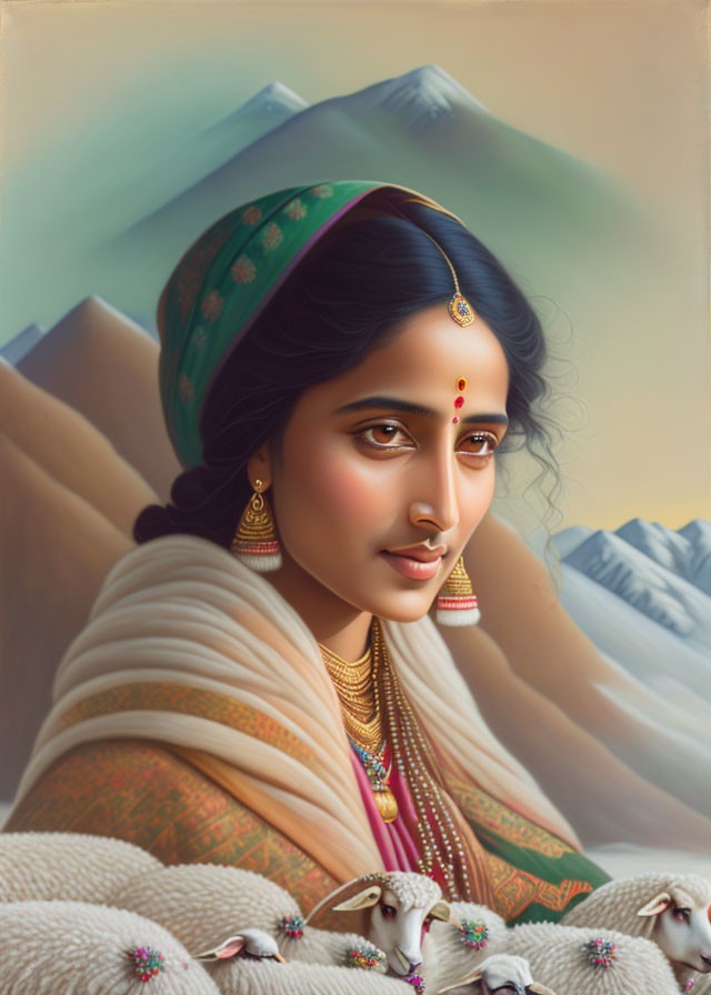 Indian woman in traditional attire with serene expression against mountain backdrop