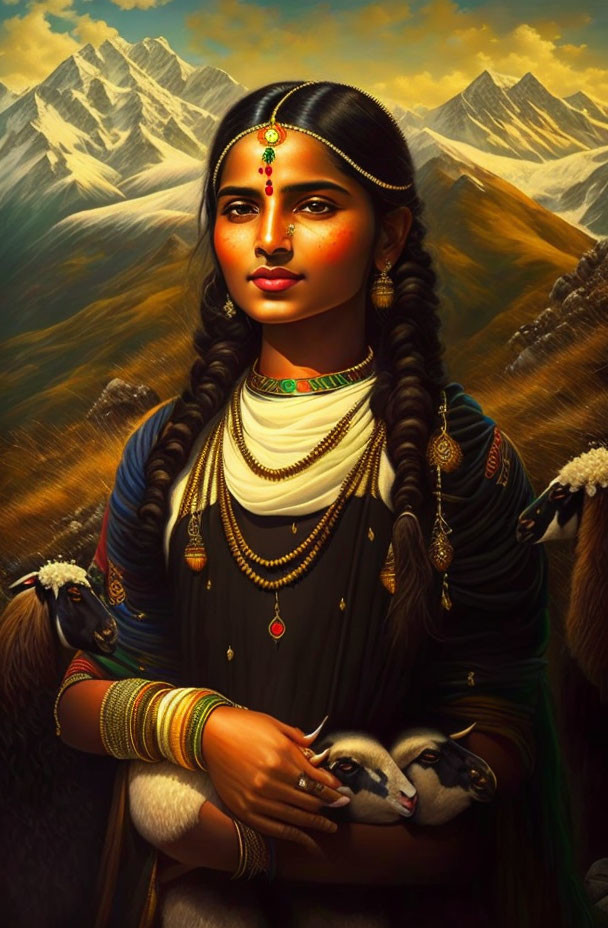 Traditional Attire Woman with Lamb in Mountain Landscape