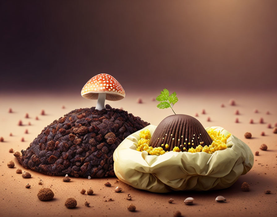 Photorealistic image: Chocolate mushroom on dessert hills