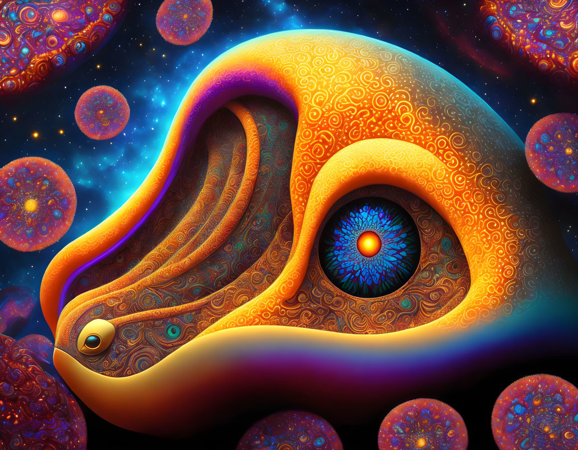 Colorful abstract artwork of surreal creature in cosmic setting