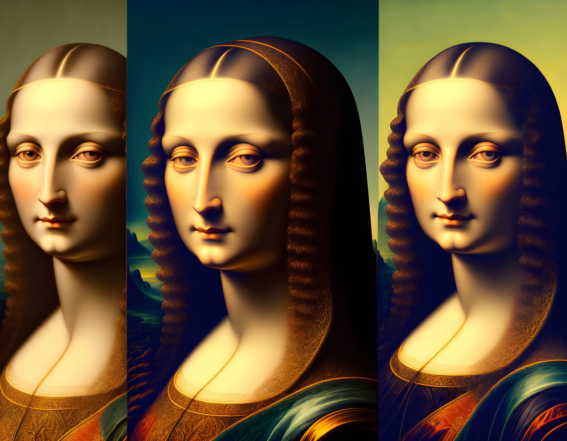 Variations of Mona Lisa with different lighting and colors showcasing enigmatic expression