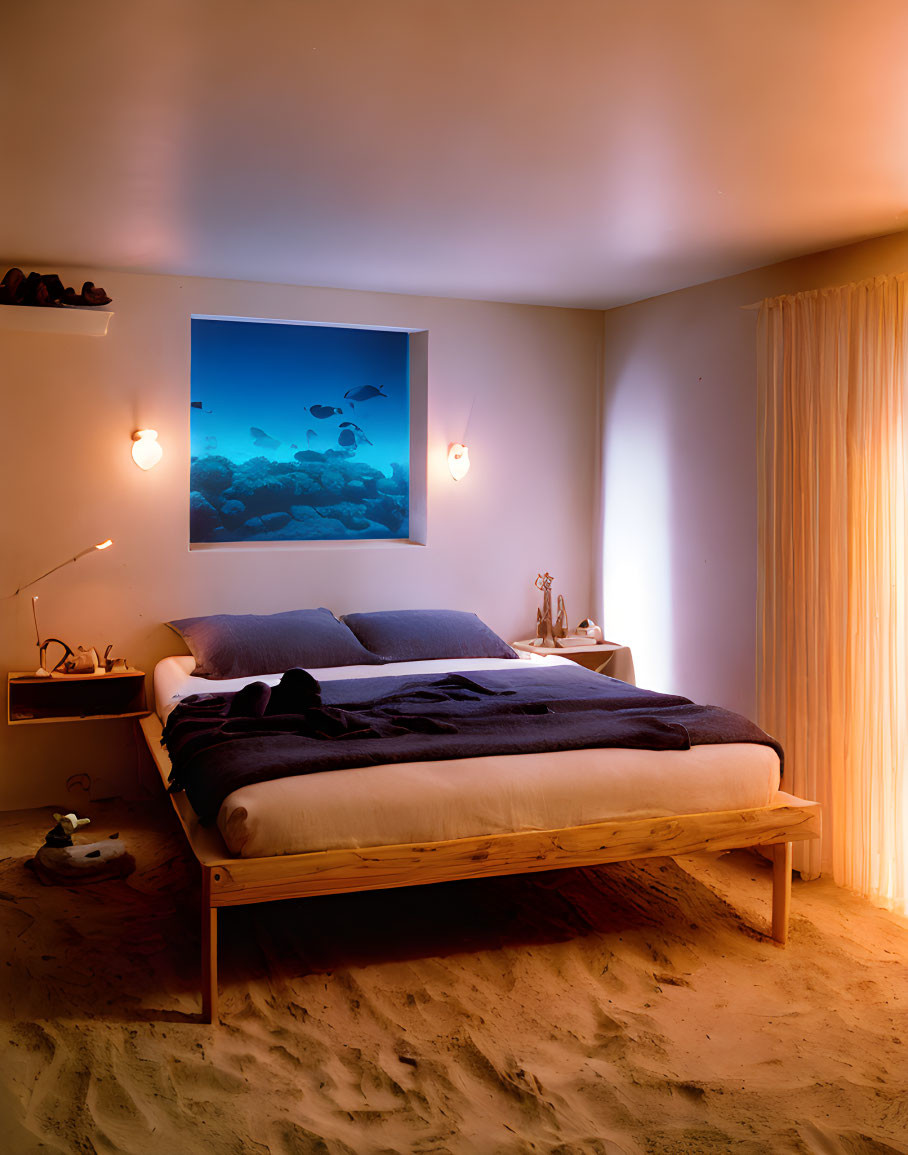 Underwater-themed bedroom with sandy floor and large bed