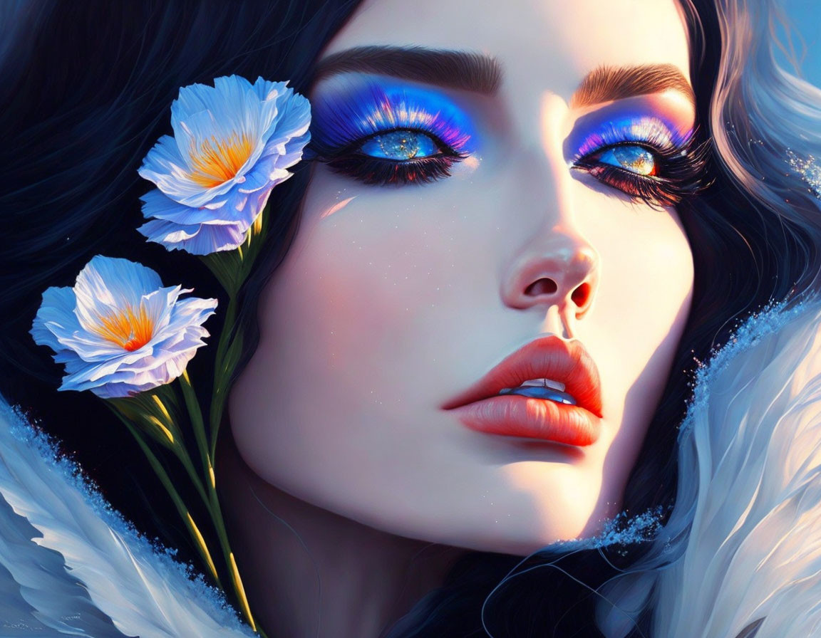 Woman with Blue Eyeshadow and White Flowers in Fur Coat Illustration