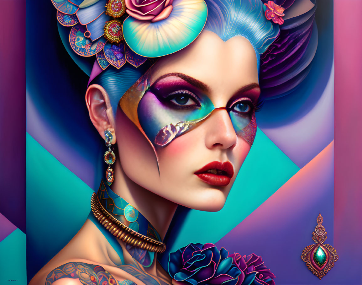 Colorful digital portrait of a woman with intricate makeup and jewelry against geometric backdrops and floral elements