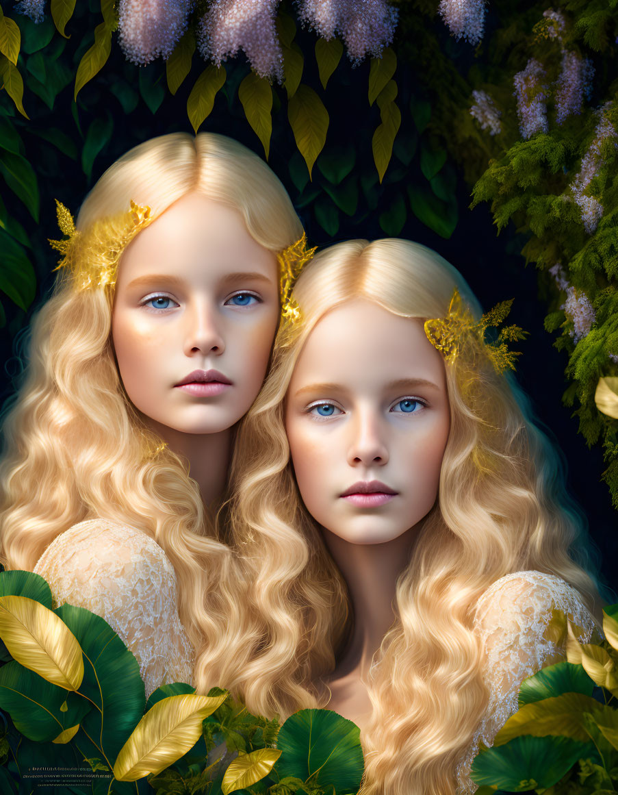 Identical women with long blonde hair in lacy garments among foliage.