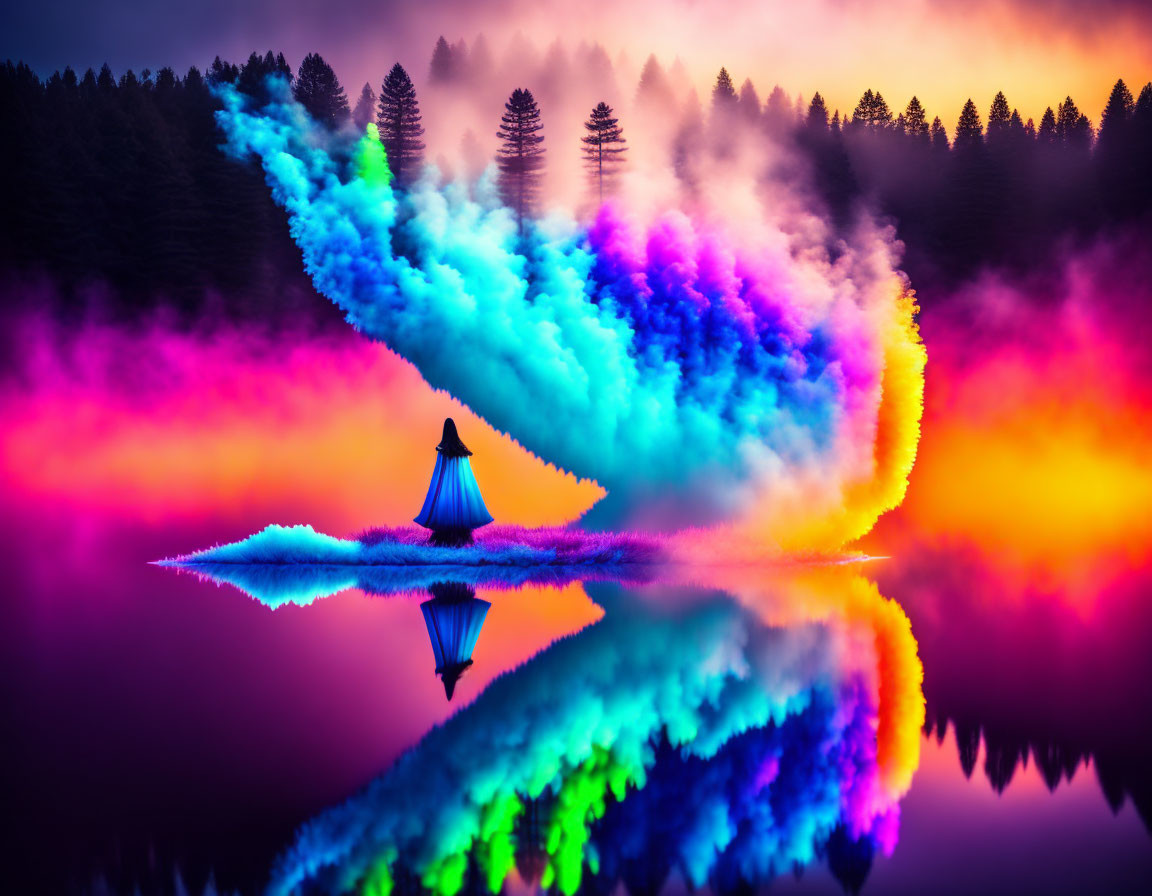 Person in boat surrounded by colorful smoke on reflective lake at dusk