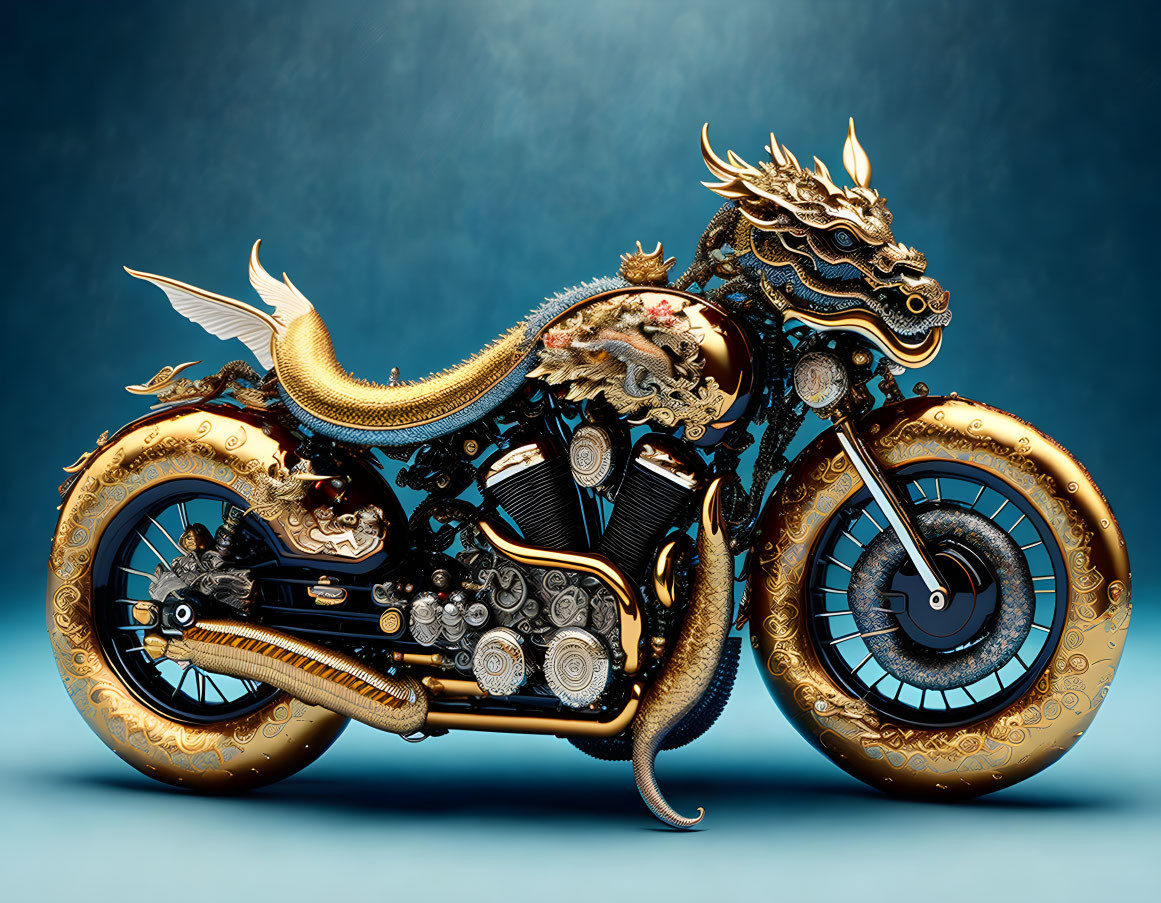 Intricate Gold and Black Dragon-Themed Motorcycle Art