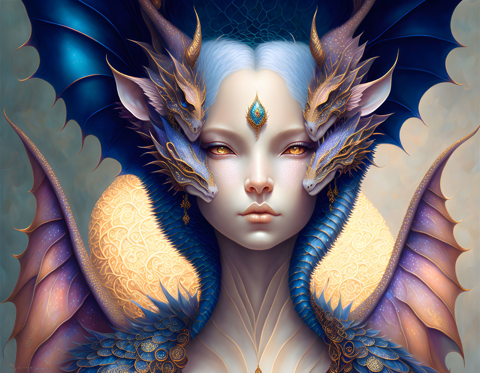 Blue-skinned creature with dragon wings and gold patterns.