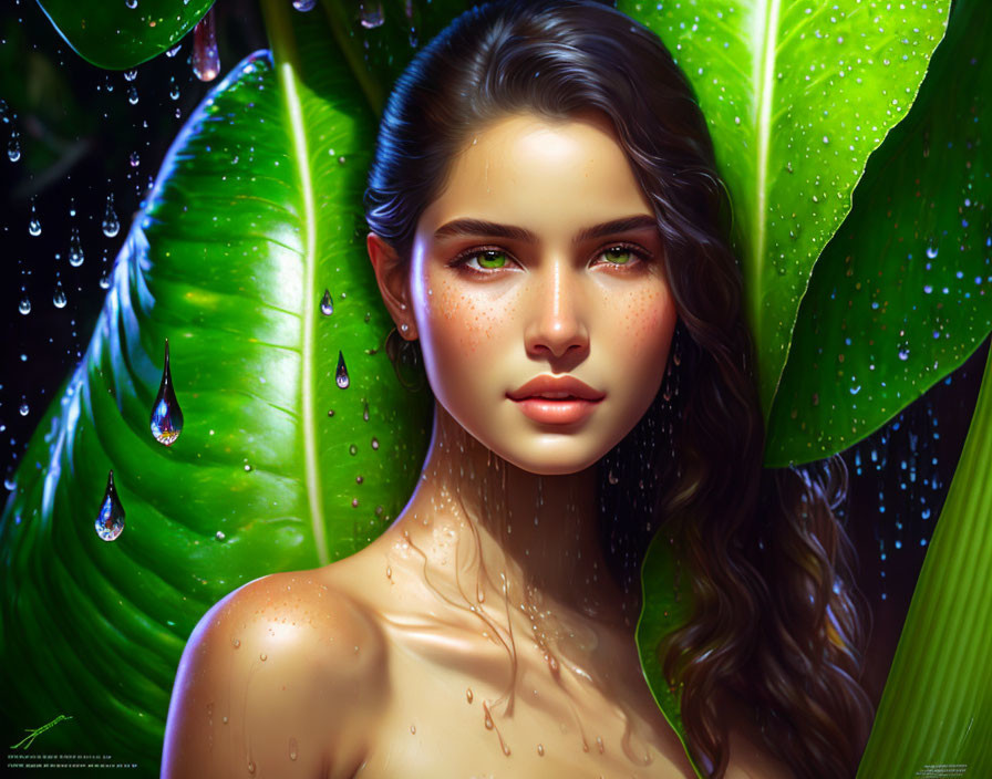 Young woman digital portrait surrounded by green leaves and water droplets