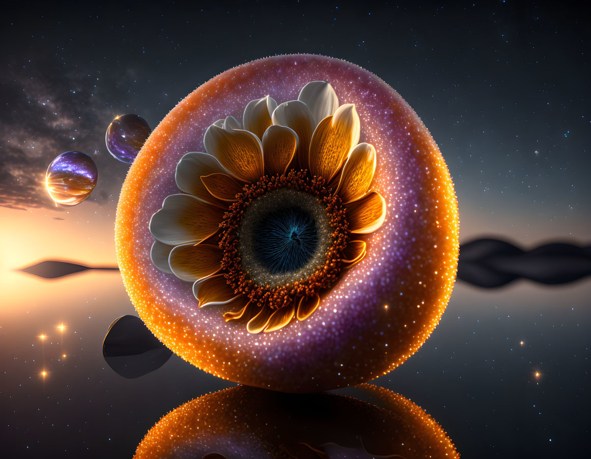 Surreal image: flower, fruit, and eye with reflective orbs, tranquil waterbody, twilight