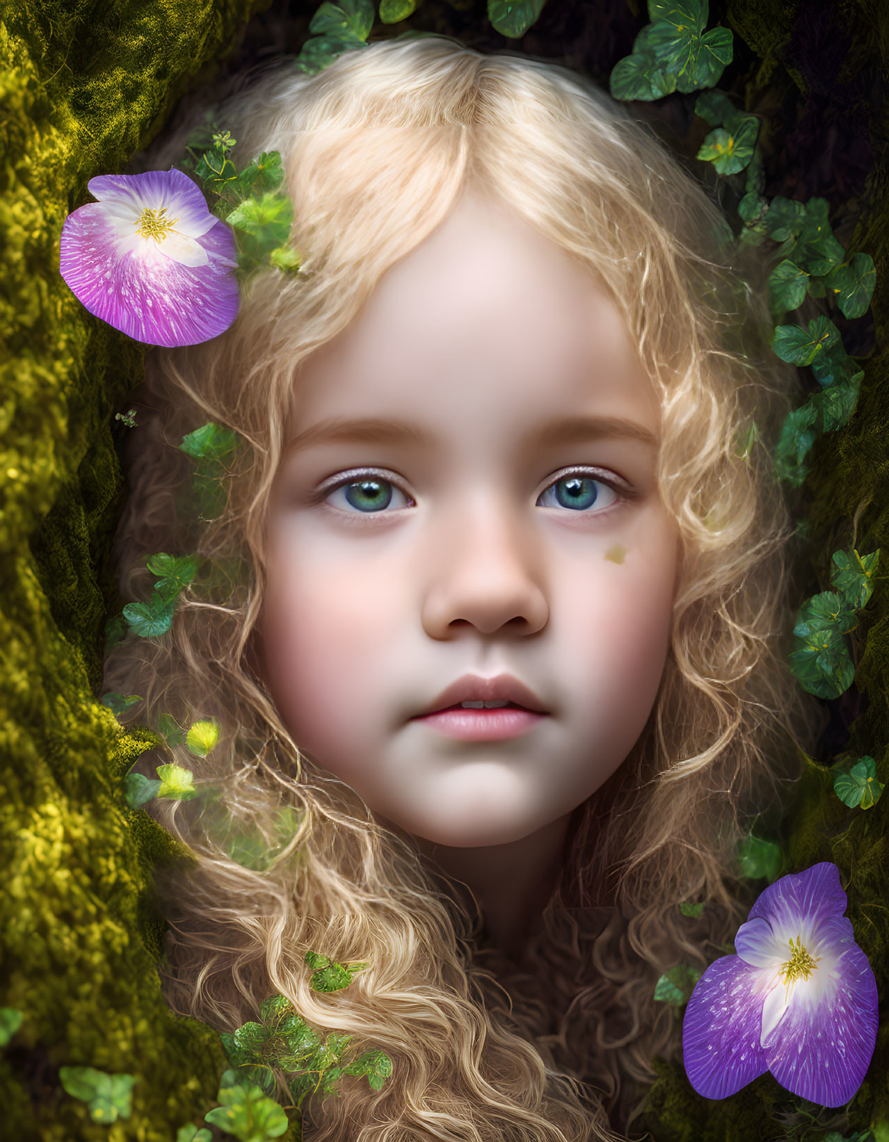 Young child with blonde hair and blue eyes in nature setting with flowers and leaves.