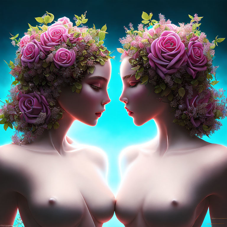 Symmetrical female figures with floral crowns in mirrored pose