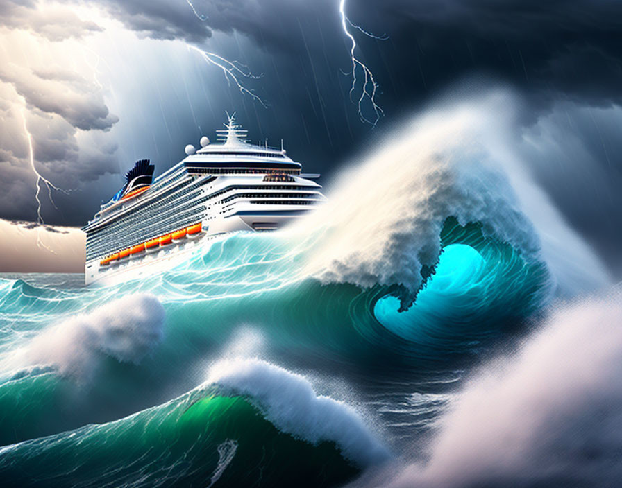 Cruise ship encounters massive wave and stormy weather in dramatic ocean scene