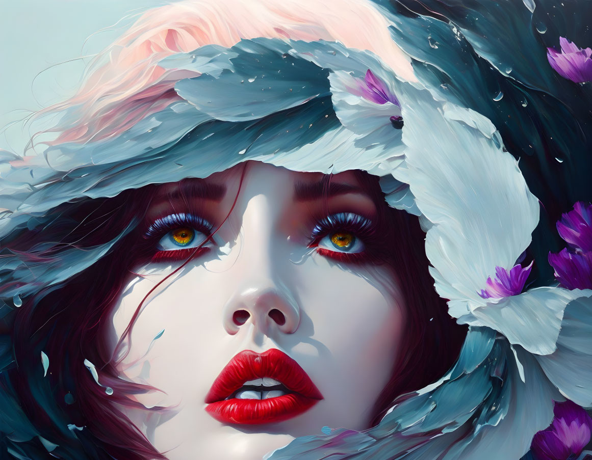 Digital painting: Woman's face, vibrant blue eyes, white petals, purple flowers, surreal quality