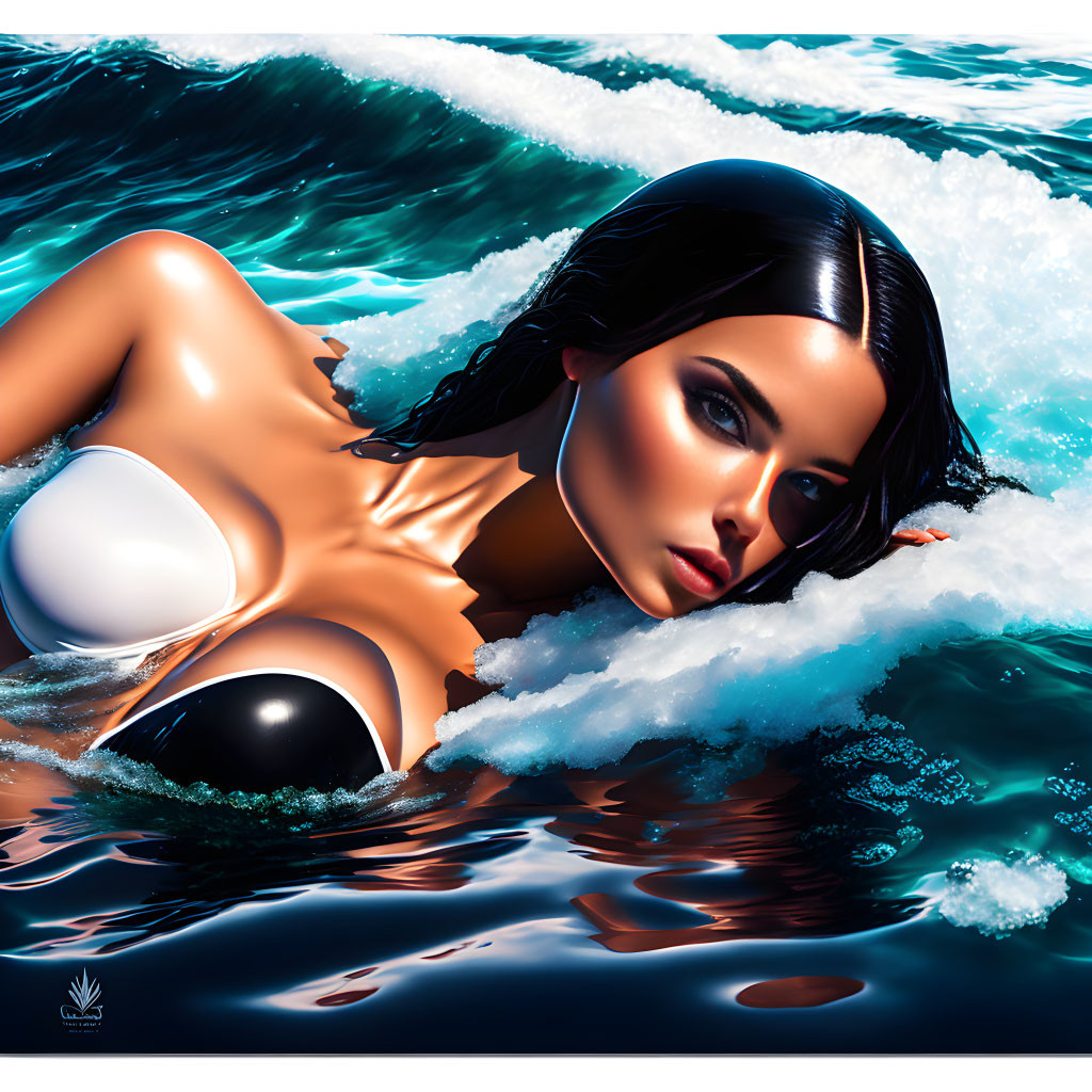 Illustration of woman swimming in blue water with sunlit waves