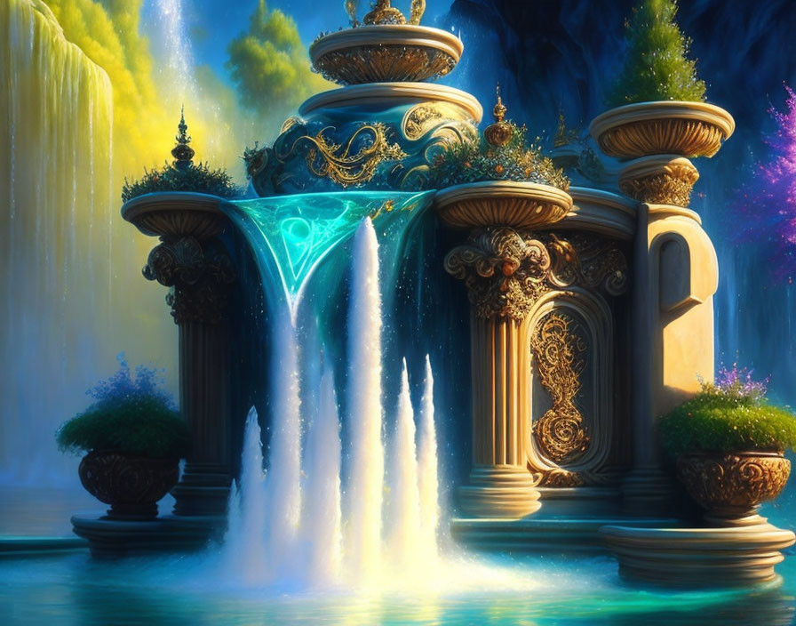 Intricate golden and glowing blue fantasy fountain in lush greenery