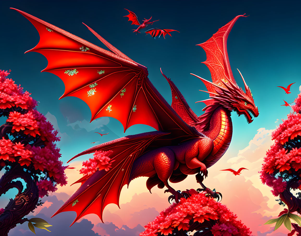 Red Dragon Among Pink Blossoms in Twilight Sky