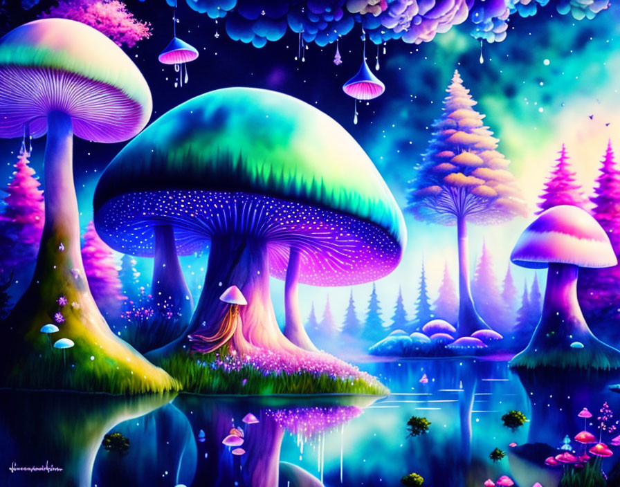 Vibrant fantasy landscape: oversized mushrooms, reflective lake, starry sky, jellyfish-like creatures