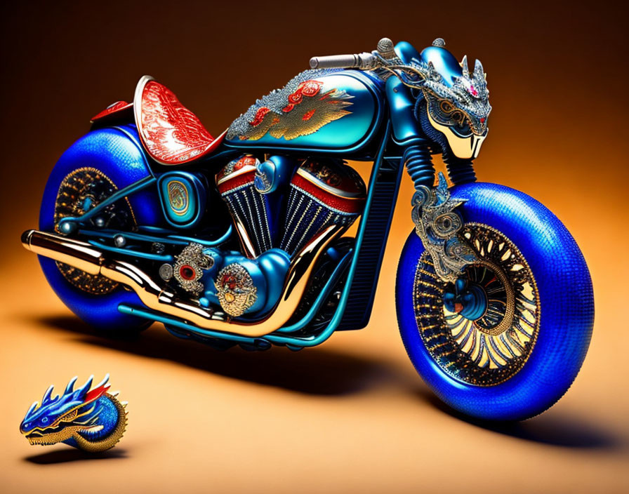 Custom Motorcycle with Dragon-Themed Designs in Blue and Red