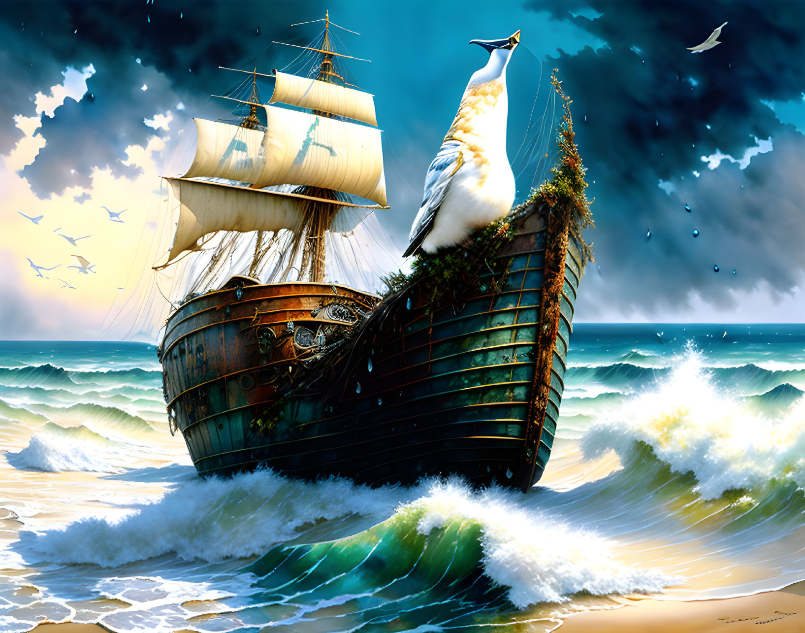 Vintage ship sailing turbulent waves under dynamic sky with seagulls.