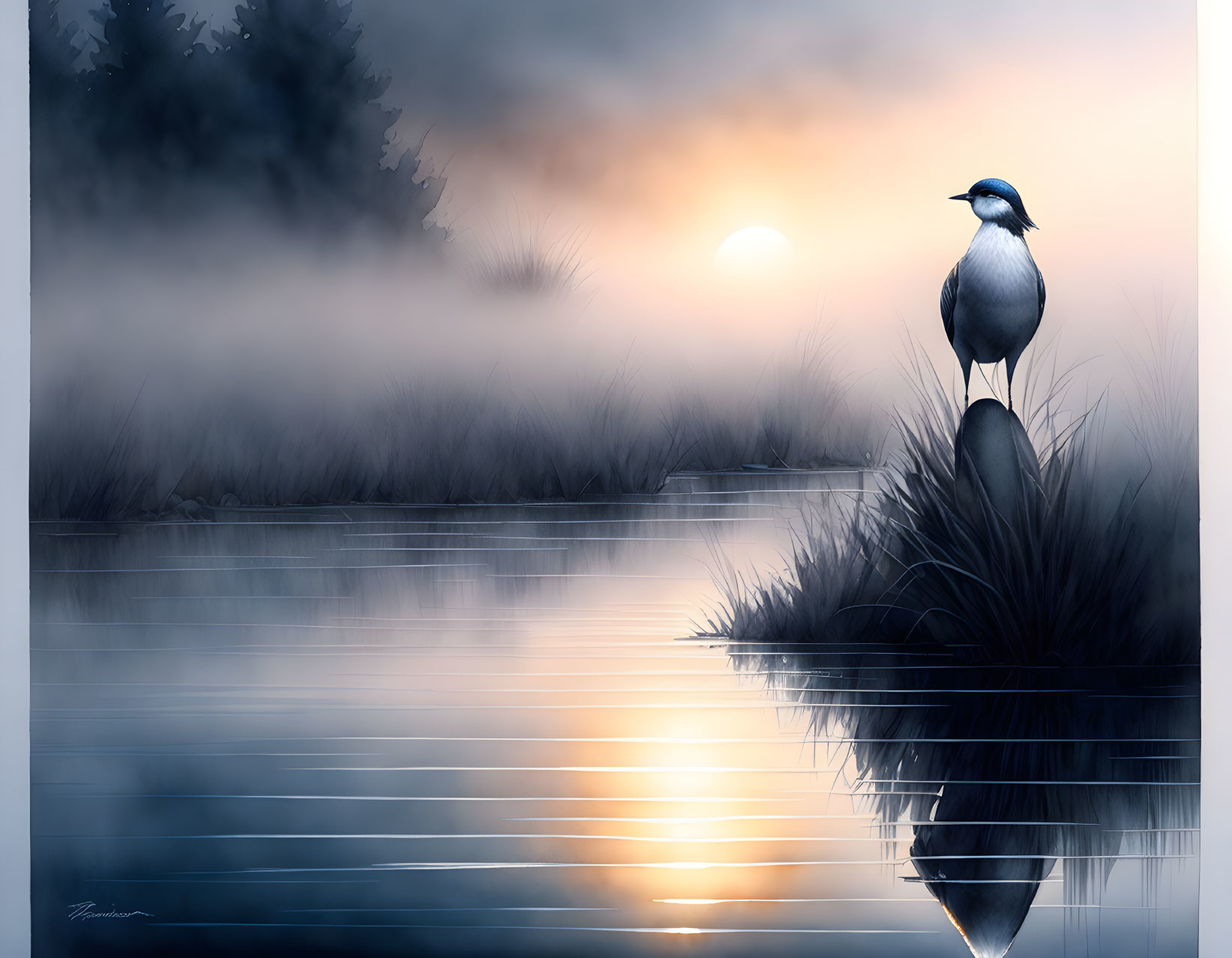 Tranquil twilight landscape with bird perched by misty lake