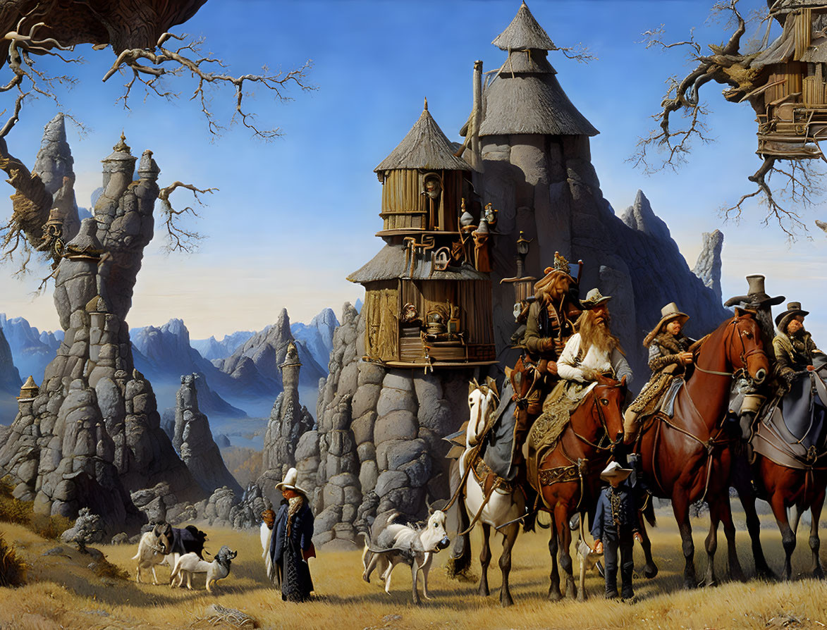 Travelers on horseback with dogs near rock formations and treehouses.