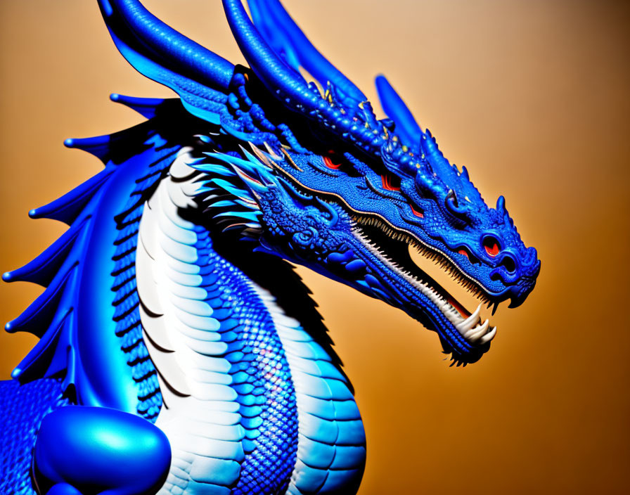 Blue and White Dragon Artwork with Intricate Scales and Red Eyes