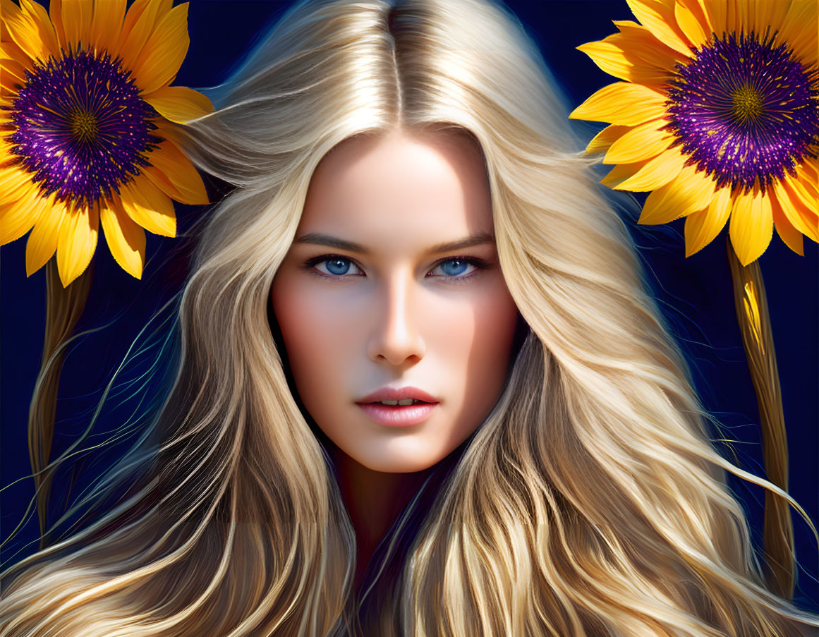 Blonde Woman Portrait with Sunflowers on Dark Blue Background