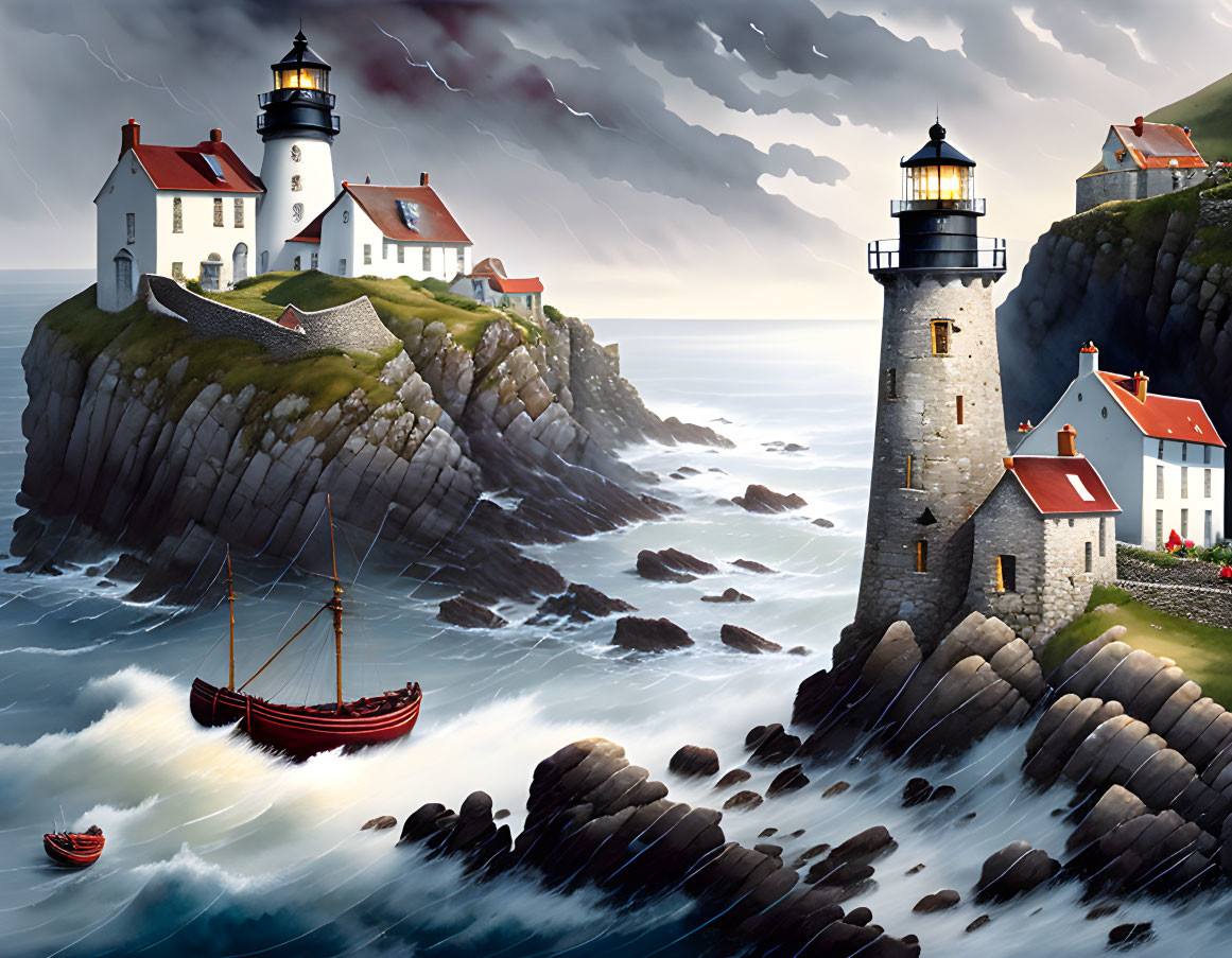 Stormy sea with two lighthouses, sailing ship, and lightning