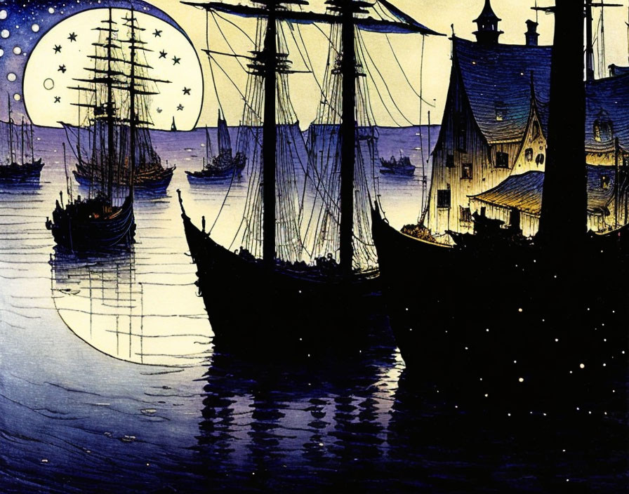 Stylized night harbor scene with ships, moon, and illuminated buildings in dark blues.