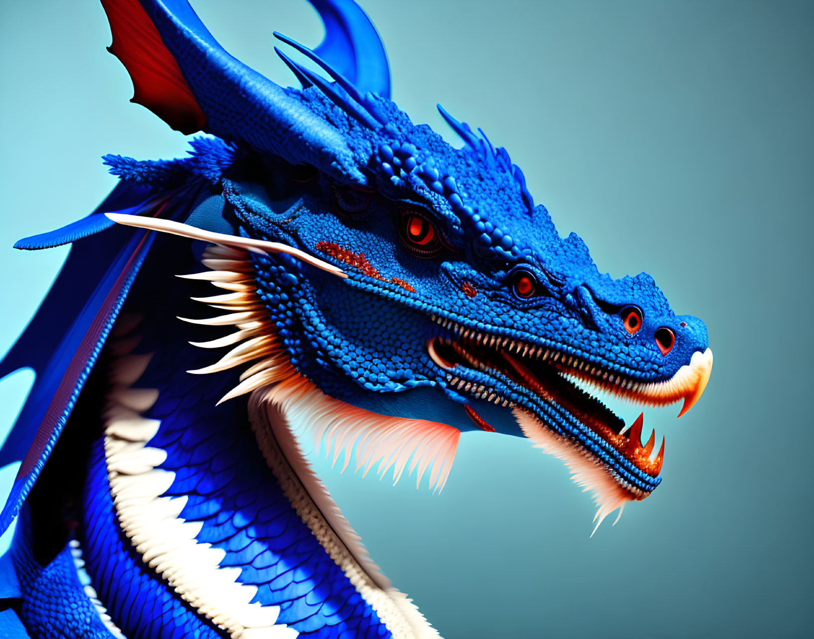 Detailed Blue Dragon Illustration with Red Eyes on Teal Background