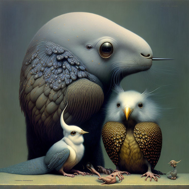 Surreal painting featuring gentle creature with avian-like head and armored body