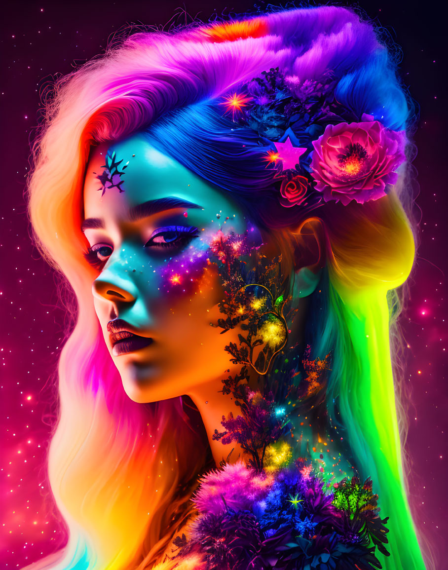 Colorful portrait of a woman with galaxy makeup and multicolored hair on neon background