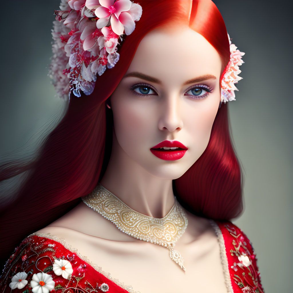 Striking digital portrait of a woman with red hair and floral adornments