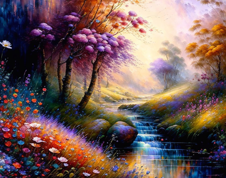 Colorful Landscape Painting of Magical Forest with Purple Trees and Stream