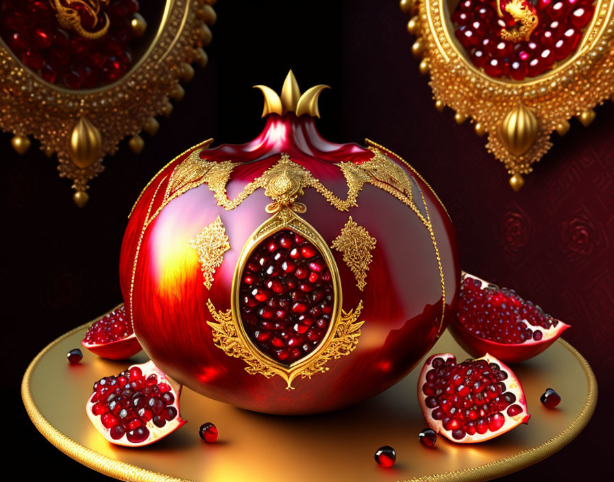 Luxurious Stylized Pomegranate with Gold Embellishments on Red and Black Background