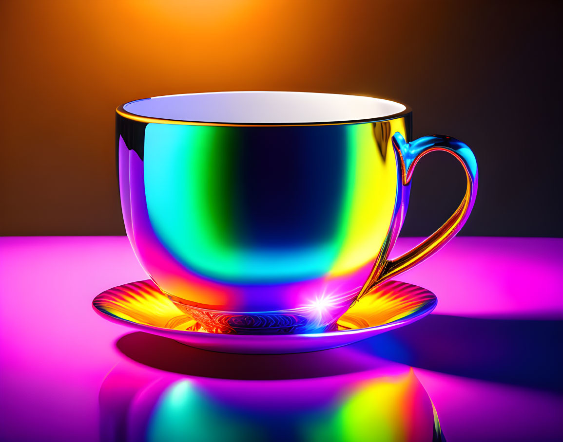 Colorful Iridescent Coffee Cup and Saucer in Vibrant Lighting