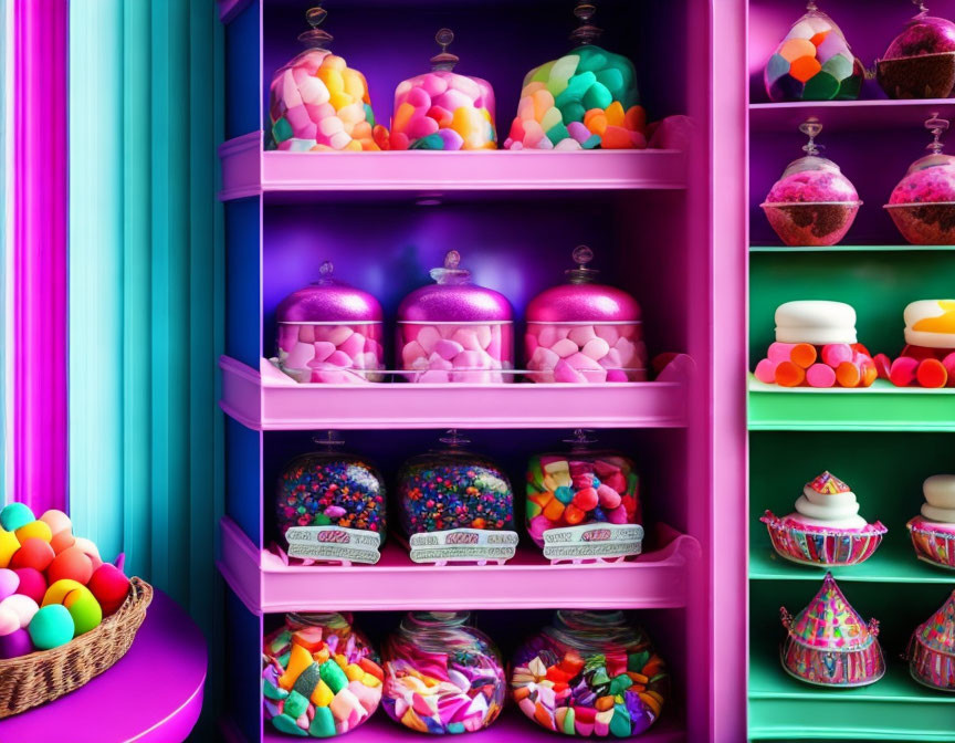 Colorful sweets on vibrant candy shop shelves under neon lighting