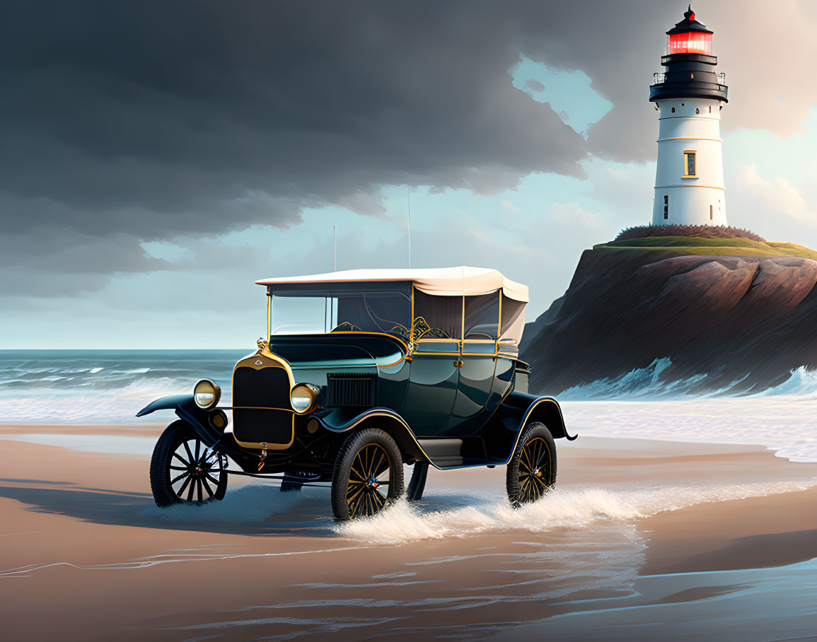 Classic Car Parked on Sandy Beach Near Lighthouse