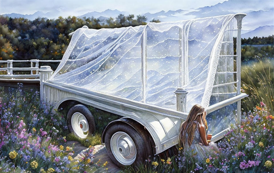 Young girl by trailer with wildflowers, mountains, and sky