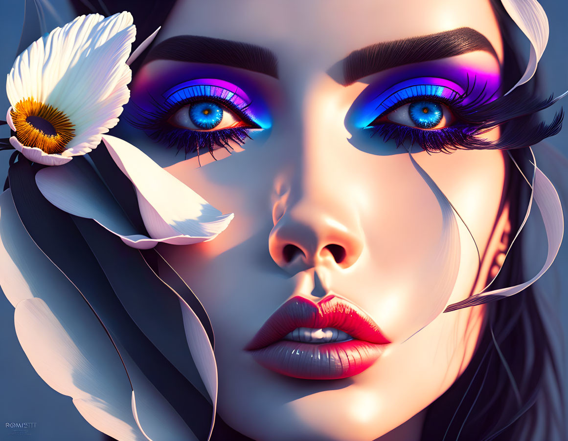 Highly stylized female illustration with vibrant blue eyes and glossy lips