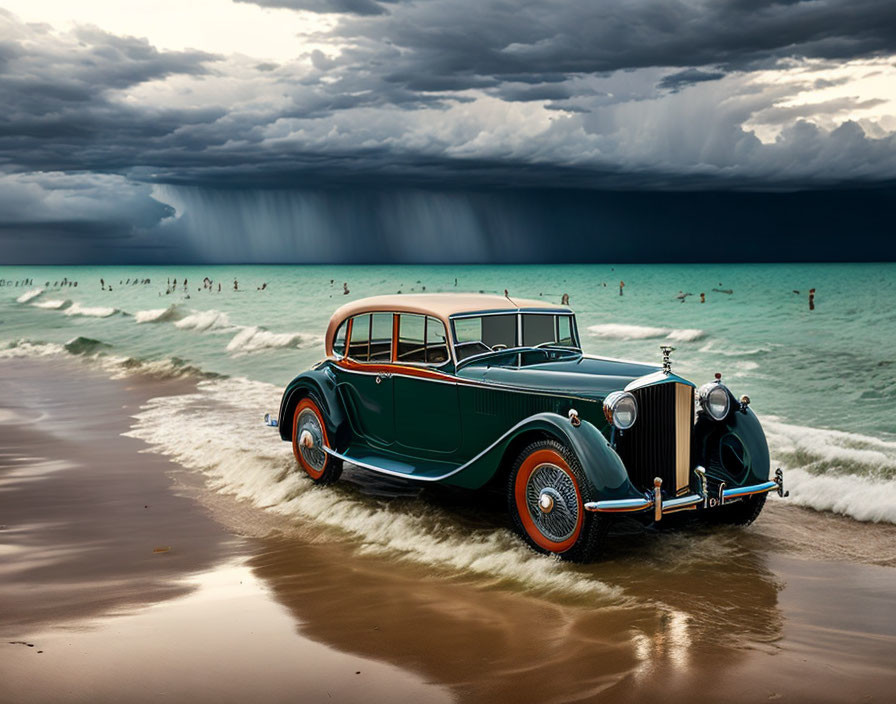 Vintage Car Parked on Beach with Stormy Sky and Swimmers in Sea