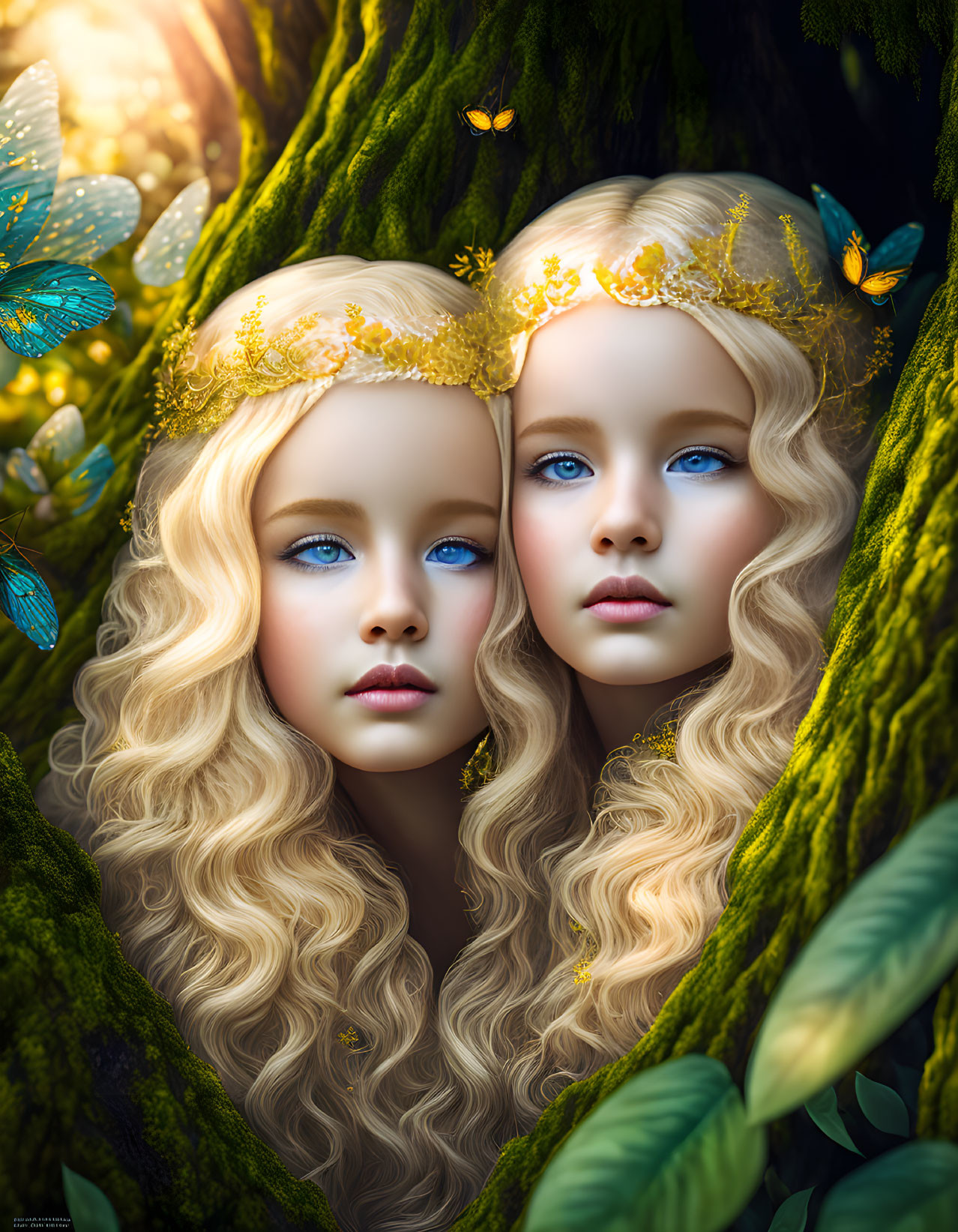Identical girls with golden crowns and blue eyes in tree crevice with butterflies.