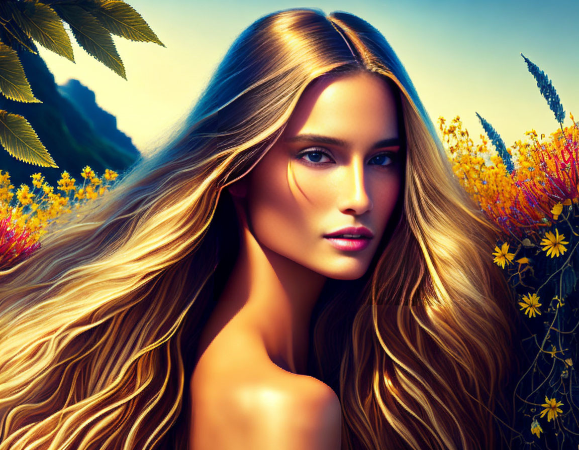 Woman with flowing hair in vibrant floral scene with mountains.