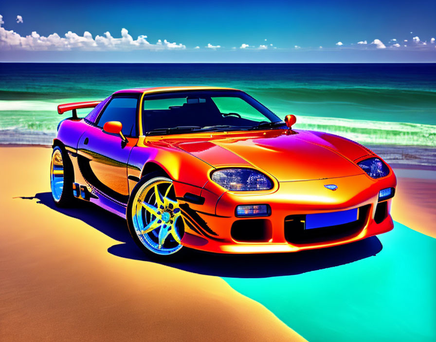 Vibrant sports car with orange to purple gradient on beach with aqua water and blue skies