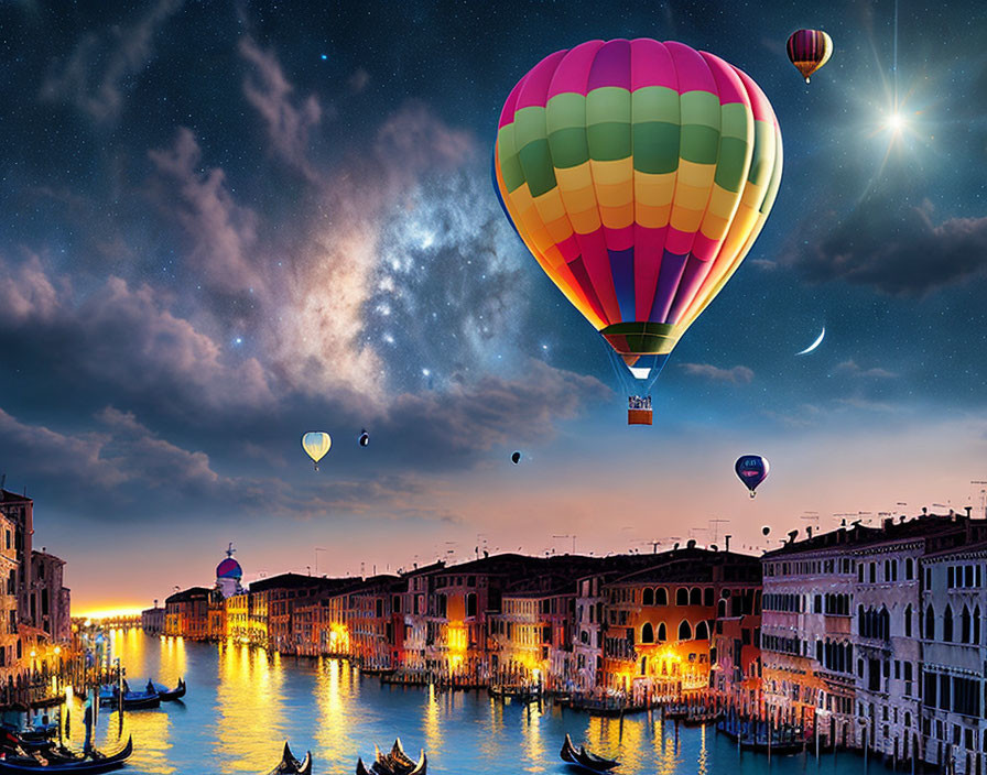 Hot Air Balloons Over Venice's Grand Canal at Dusk