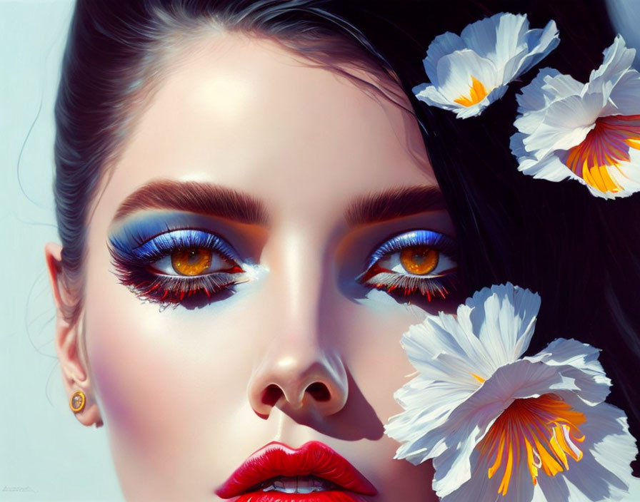 Woman with Striking Blue Eye Makeup and White Flowers in Hair