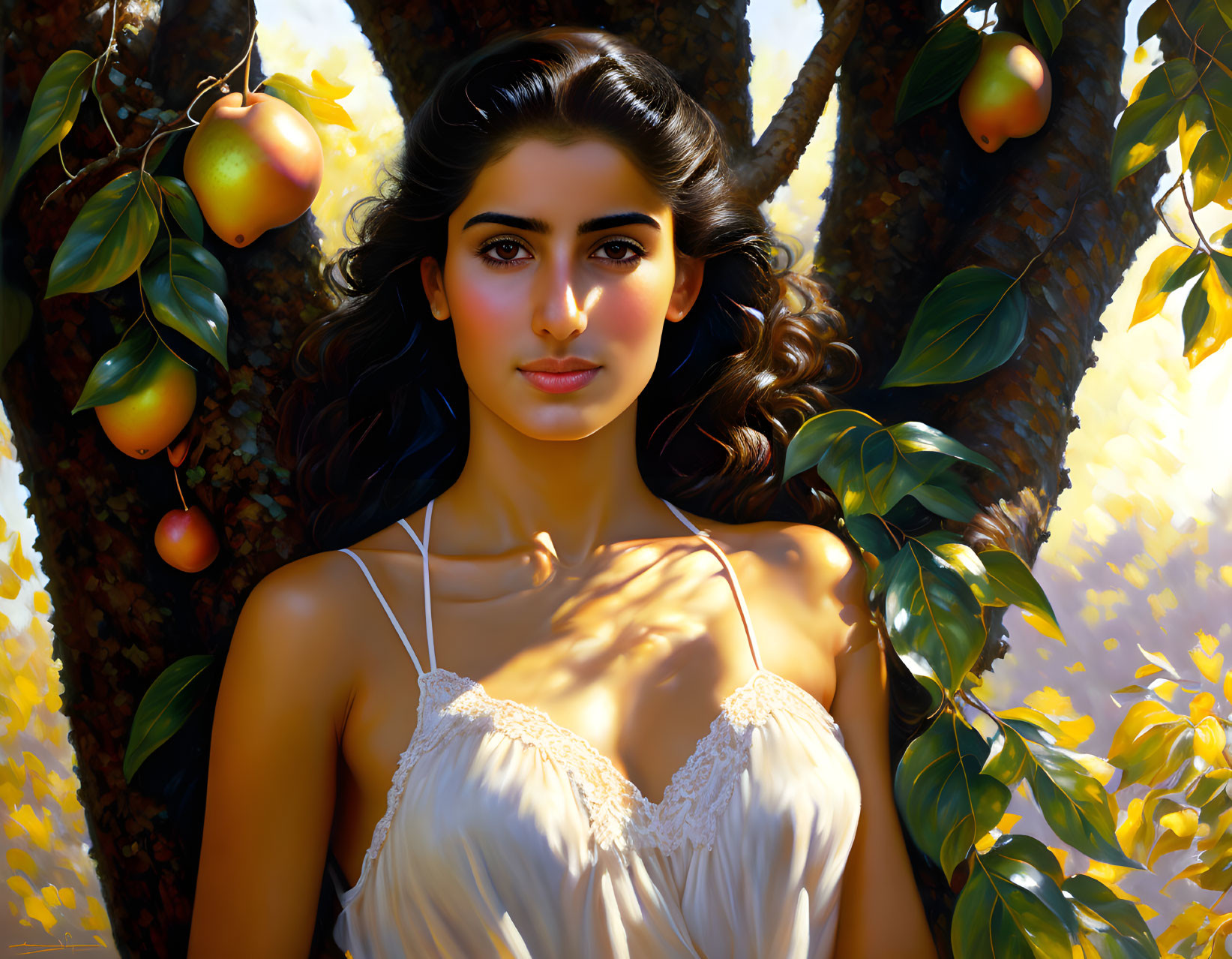 Dark-Haired Woman in White Dress Under Sunlit Tree with Ripe Fruits